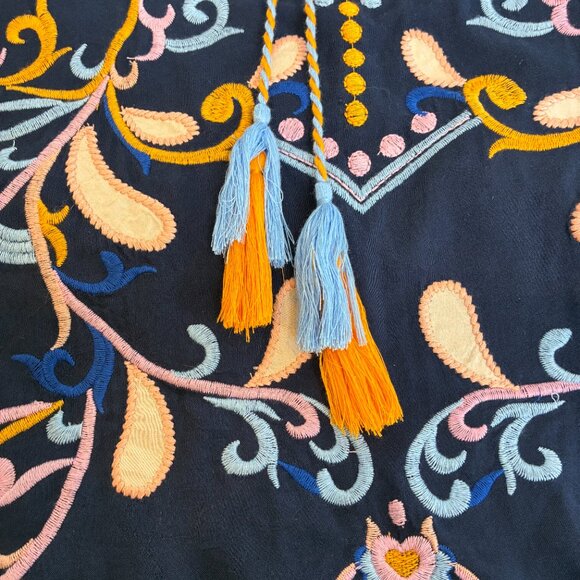 Anthropologie Skies Are Blue Mini Dress XS Embroidered Floral Navy Tassel Boho - Picture 11 of 15